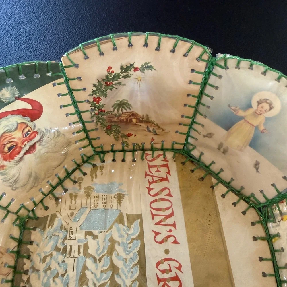Vtg Homemade Christmas Card Bowl Green Handmade Mid Century Santa